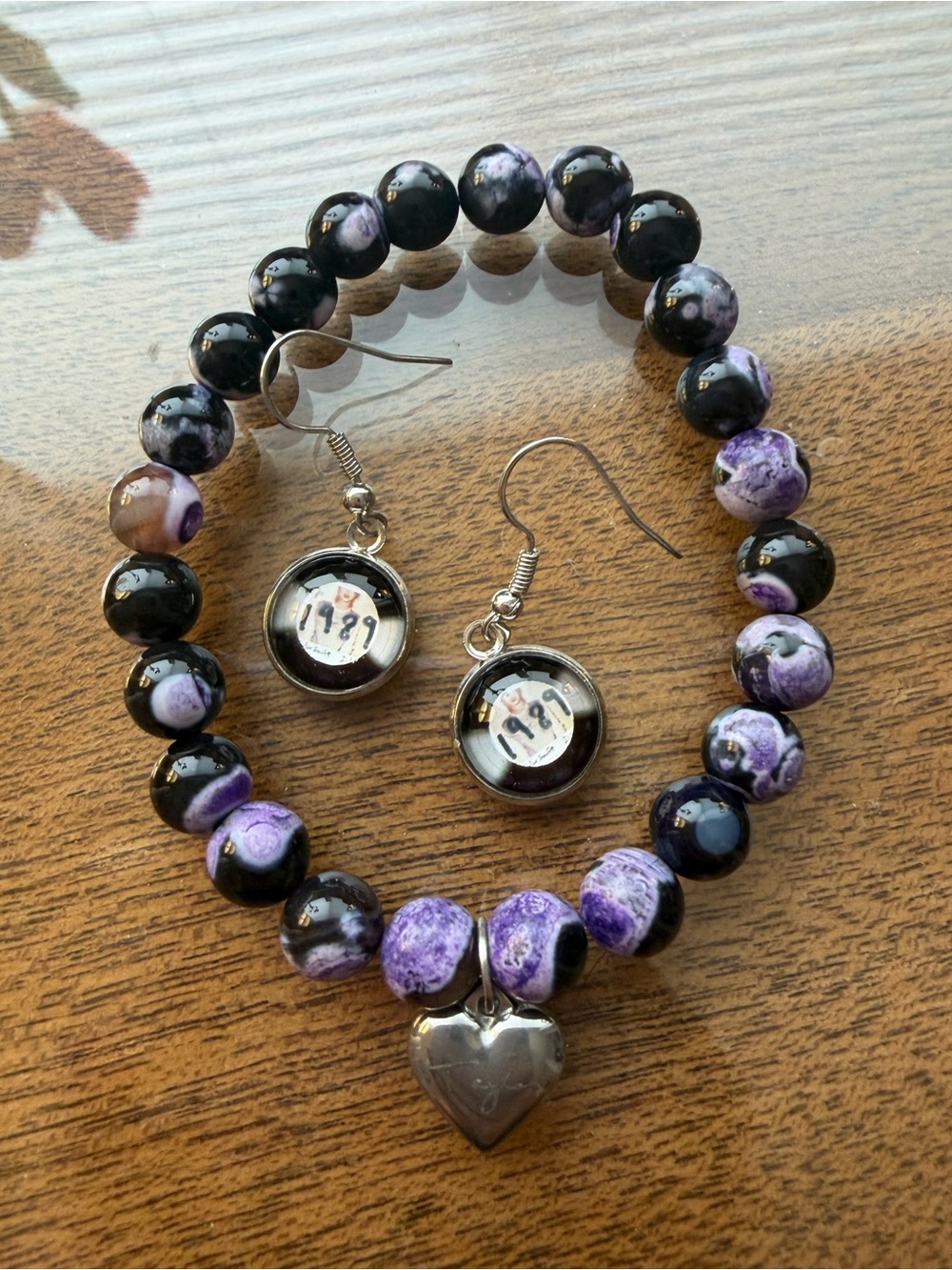 TAYLOR SWIFT 1989 set Purple and Black Heart bracelet with Matching Earrings